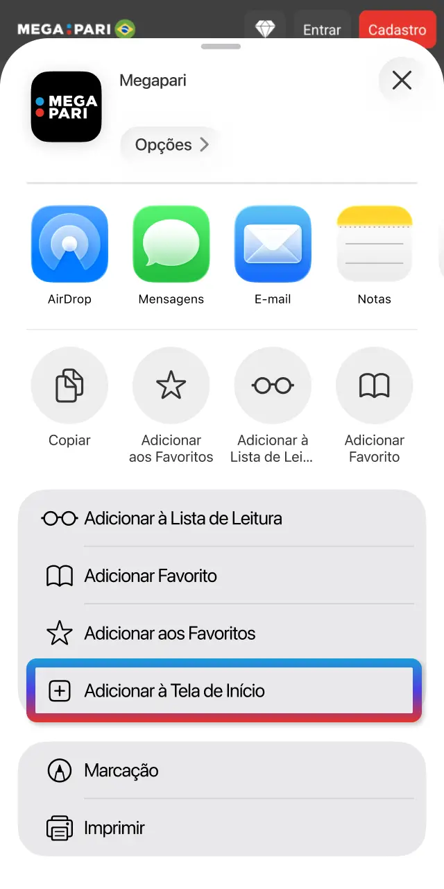 Selecione Adicionar à Tela de Início para criar o atalho do Aviator no iOS.