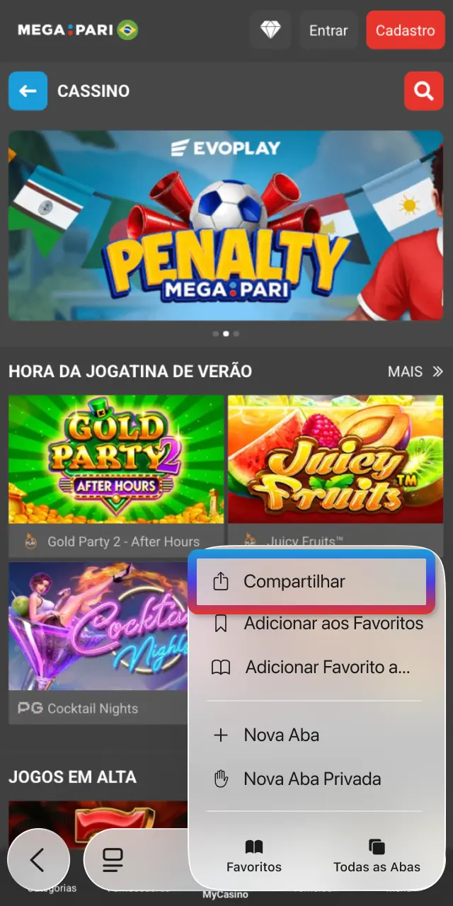 Toque no ícone Compartilhar no Safari para adicionar o MegaPari Brasil à tela inicial.