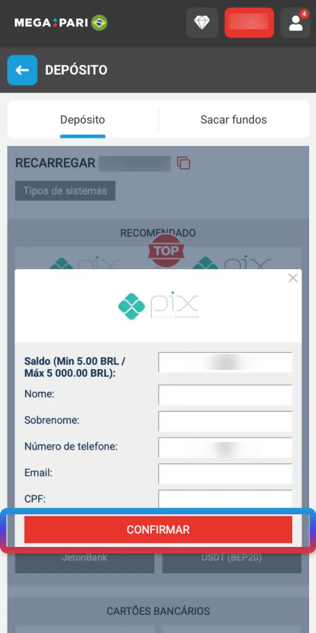 Adicione fundos no MegaPari Brasil via Pix, cartão ou carteiras aceitas.