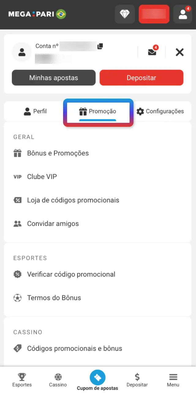 Se tiver um código, insira no campo indicado antes de confirmar o depósito no MegaPari.