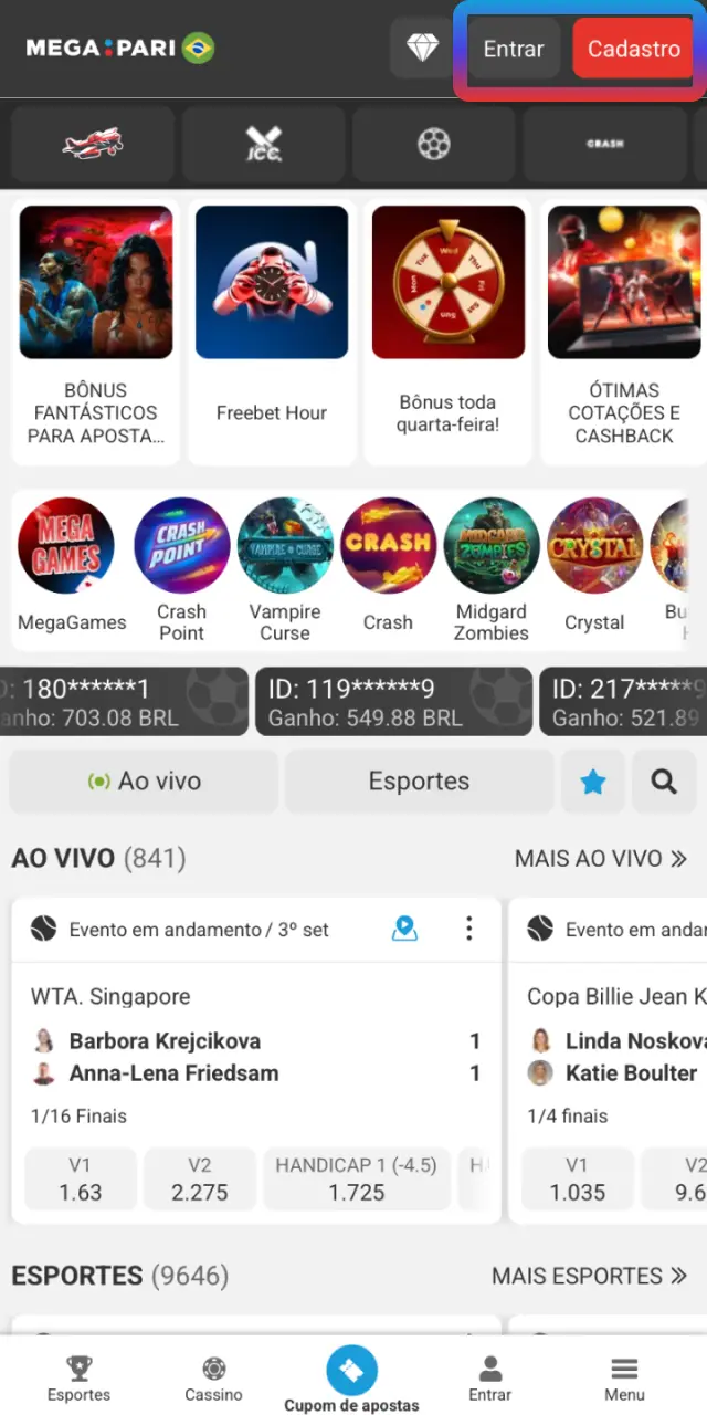 Acesse o site oficial do MegaPari Brasil, crie sua conta e confirme seus dados.