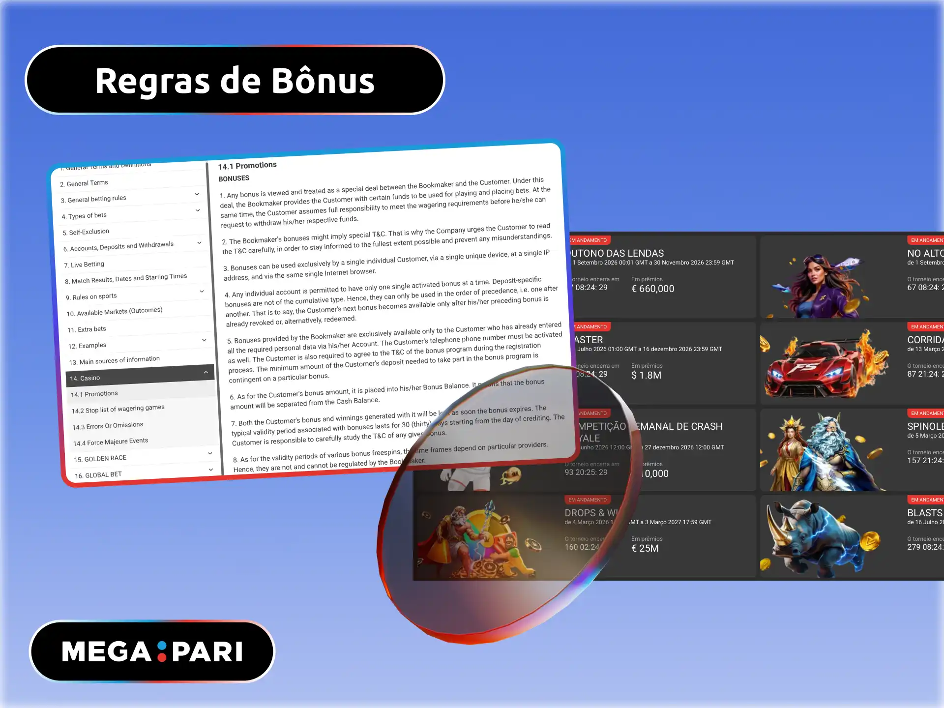 Regras de bônus no MegaPari Brasil incluindo requisitos de apostas e prazos.
