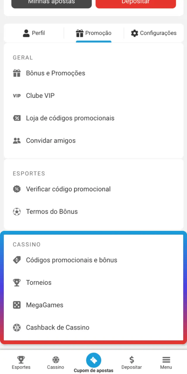 Opte pelo pacote de boas-vindas na área de promoções do MegaPari Brasil.