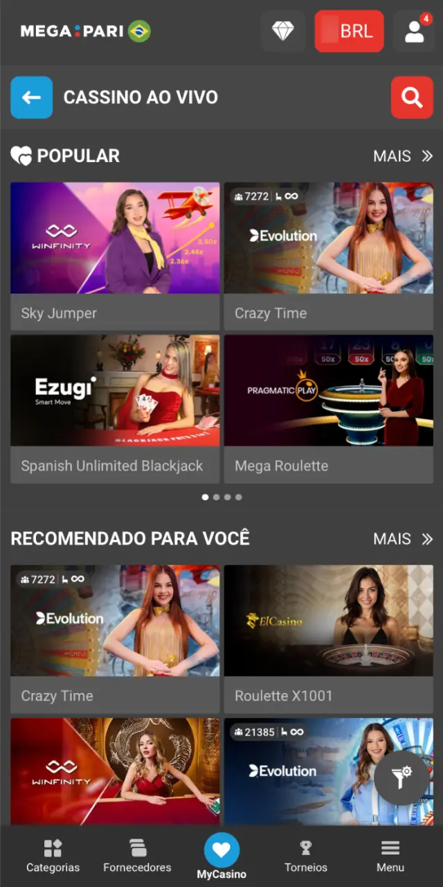 Abra Roleta, Blackjack, Bacará ou TV Games no MegaPari Brasil e comece a apostar.