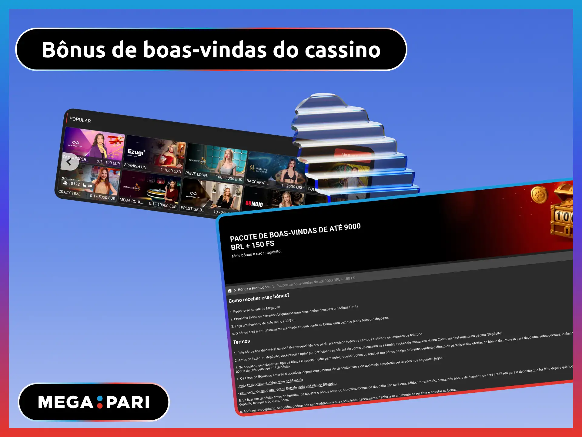 Bônus de boas-vindas do cassino ao vivo no MegaPari Brasil com fundos extras.