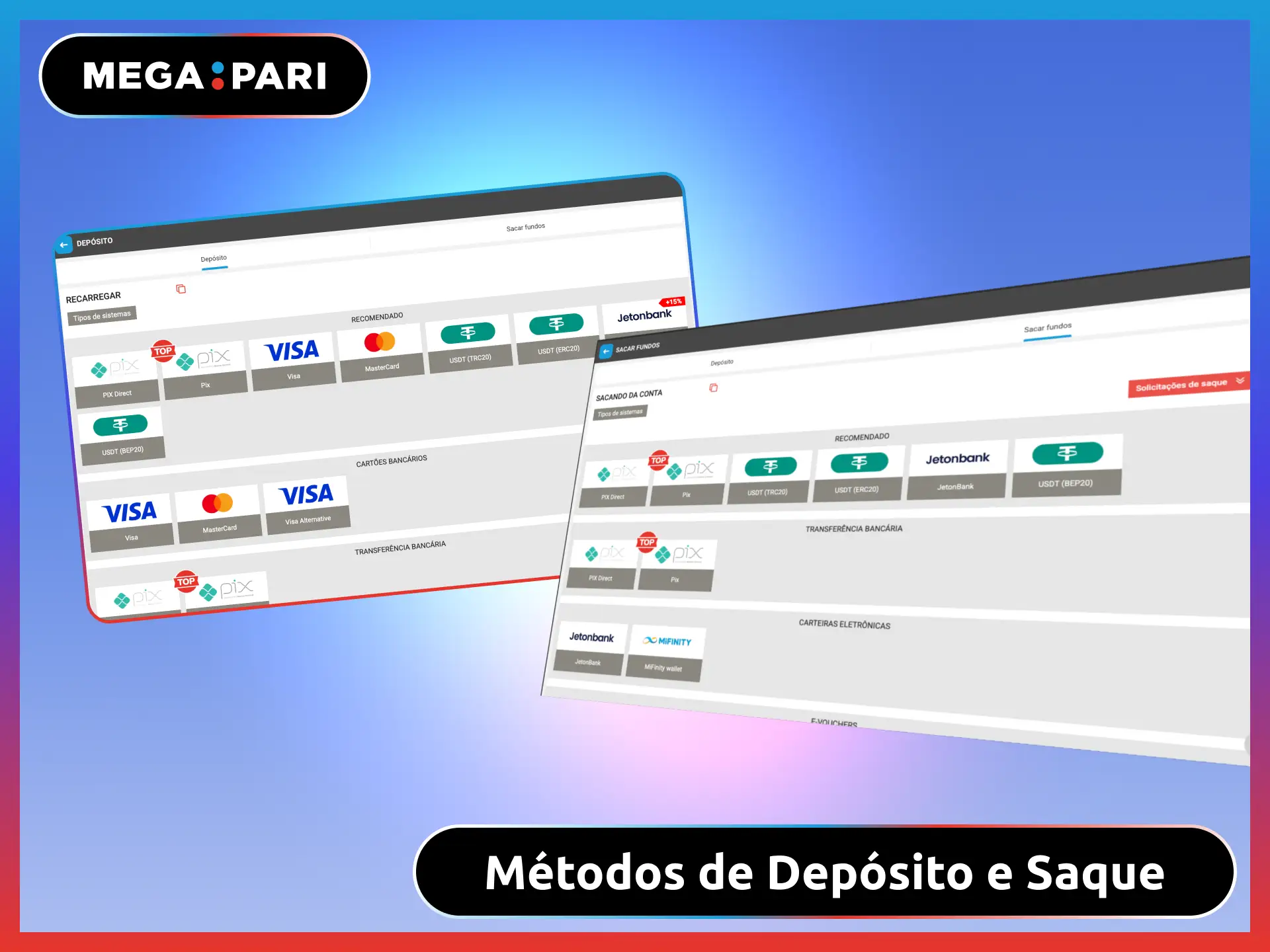 Métodos de depósito e saque no MegaPari Brasil incluindo Pix, AstroPay e cripto.