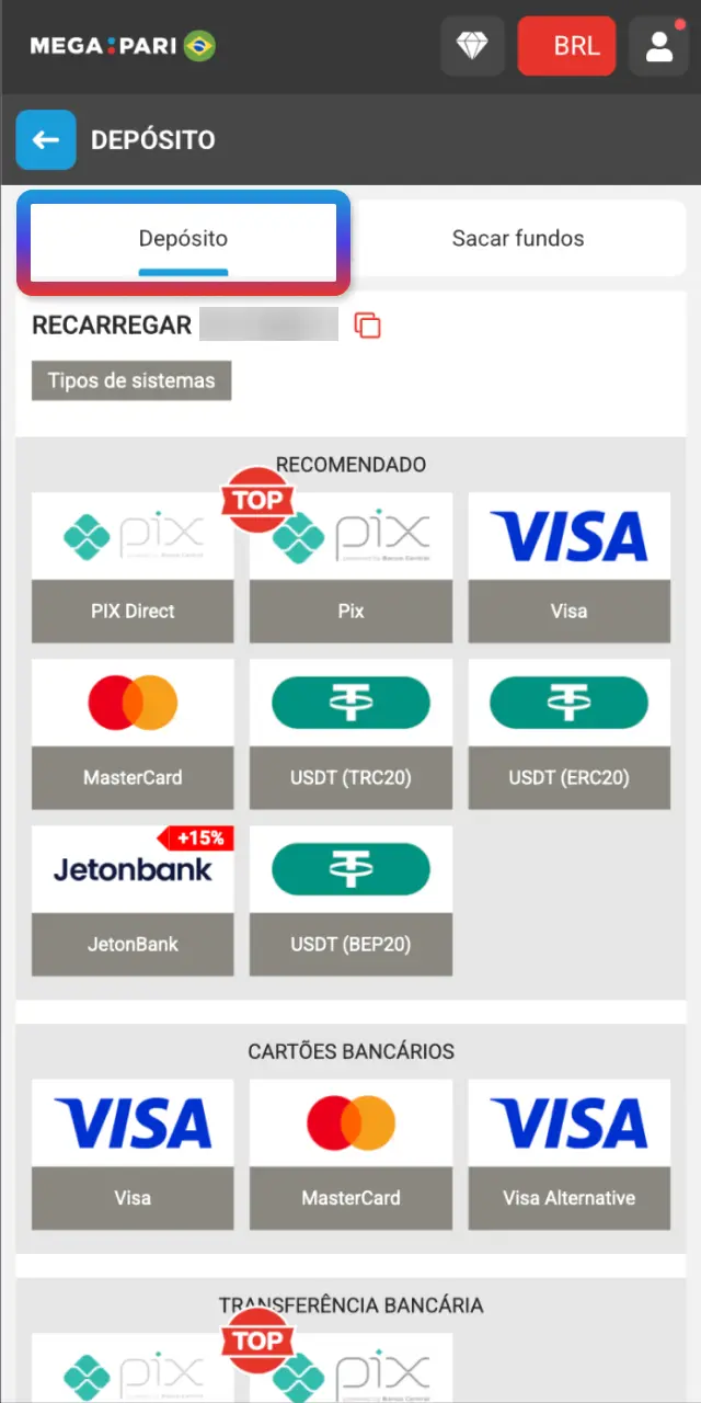Escolha AstroPay, Jeton, e-wallets ou cripto para depósito rápido no MegaPari.