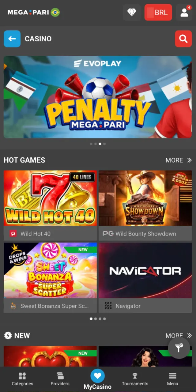 Use filters by provider, feature, and volatility on MegaPari Brasil.