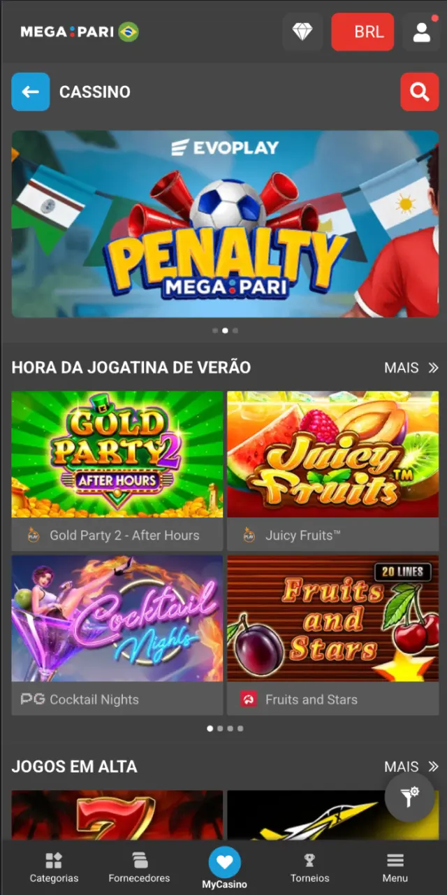 Use filtros por provedor, recurso e volatilidade no MegaPari Brasil.