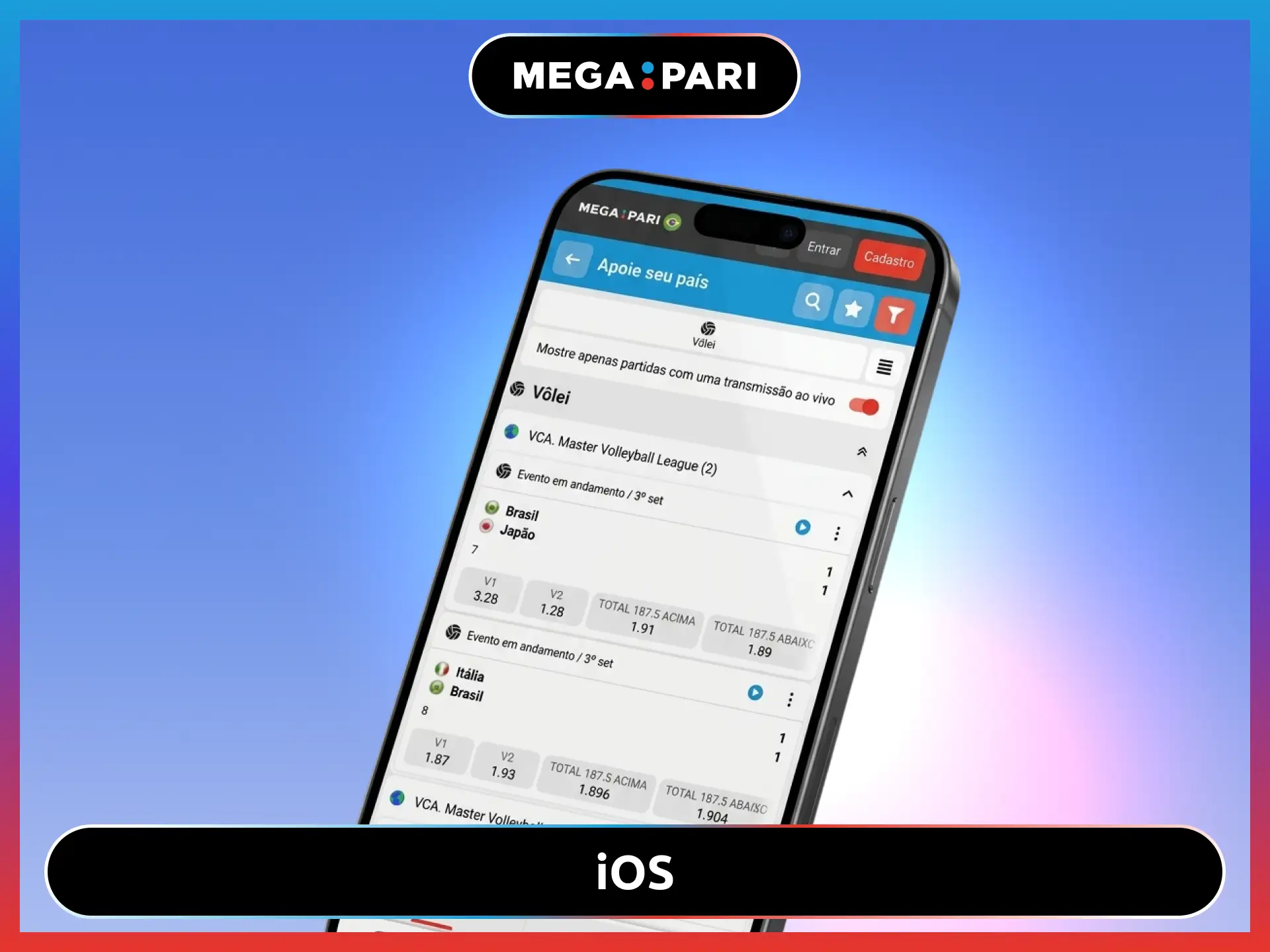 Instale o aplicativo MegaPari para iOS como PWA no seu iPhone ou iPad.