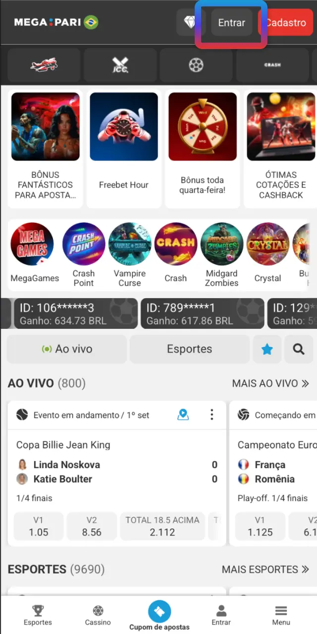 Toque em Entrar na página oficial do MegaPari para acessar sua conta.