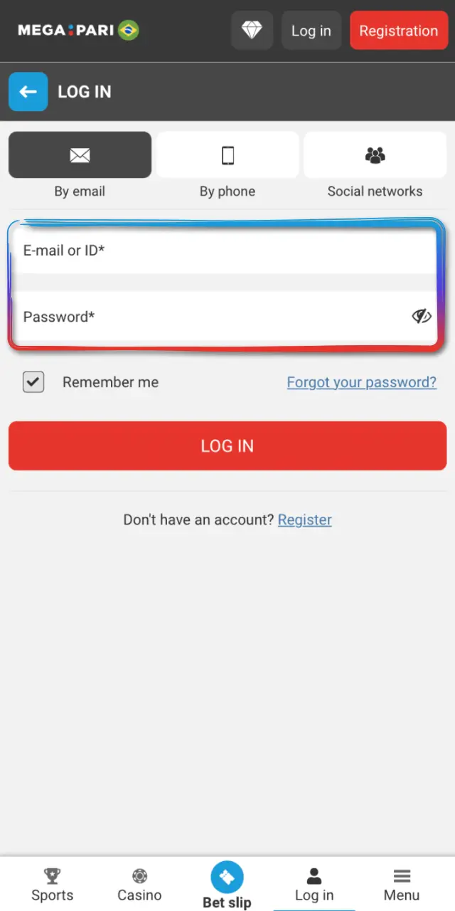 Use email and password, phone with SMS code, or the social method on MegaPari.