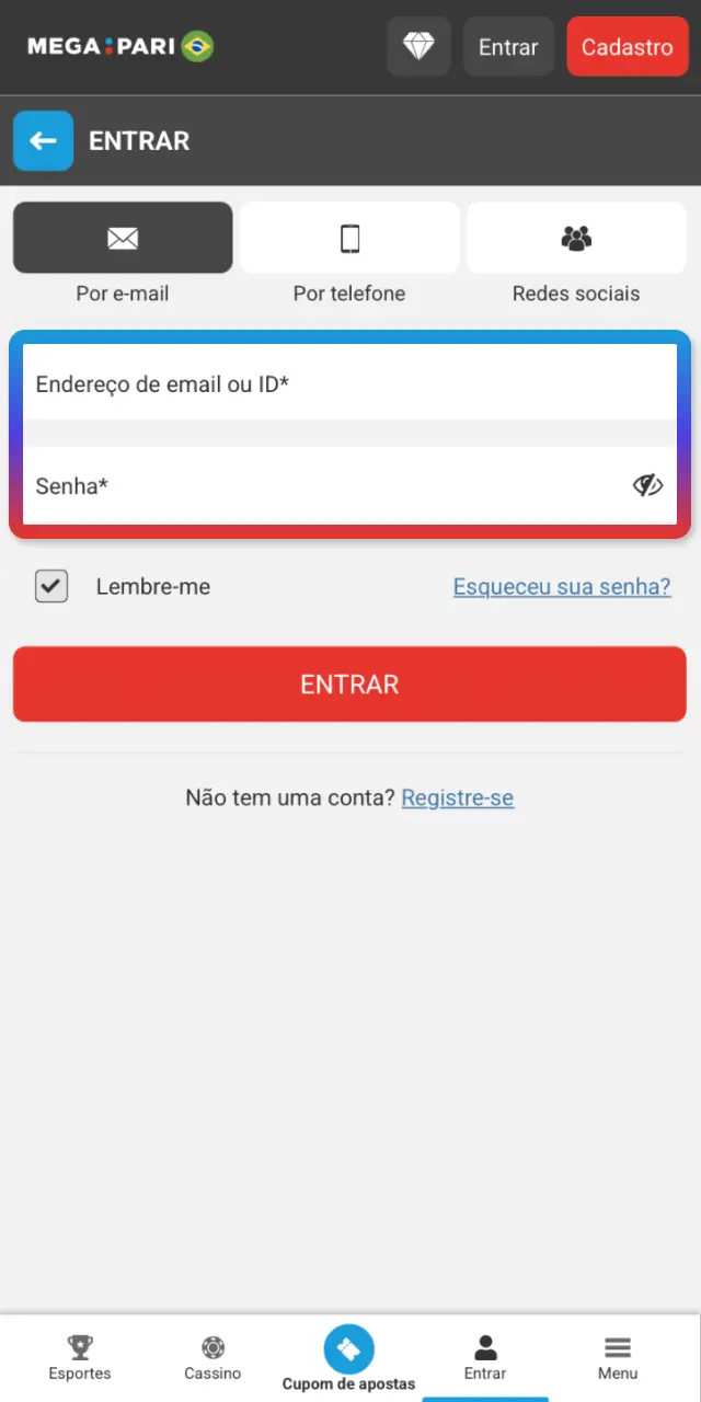 Use e-mail e senha, celular com SMS ou método social no MegaPari.