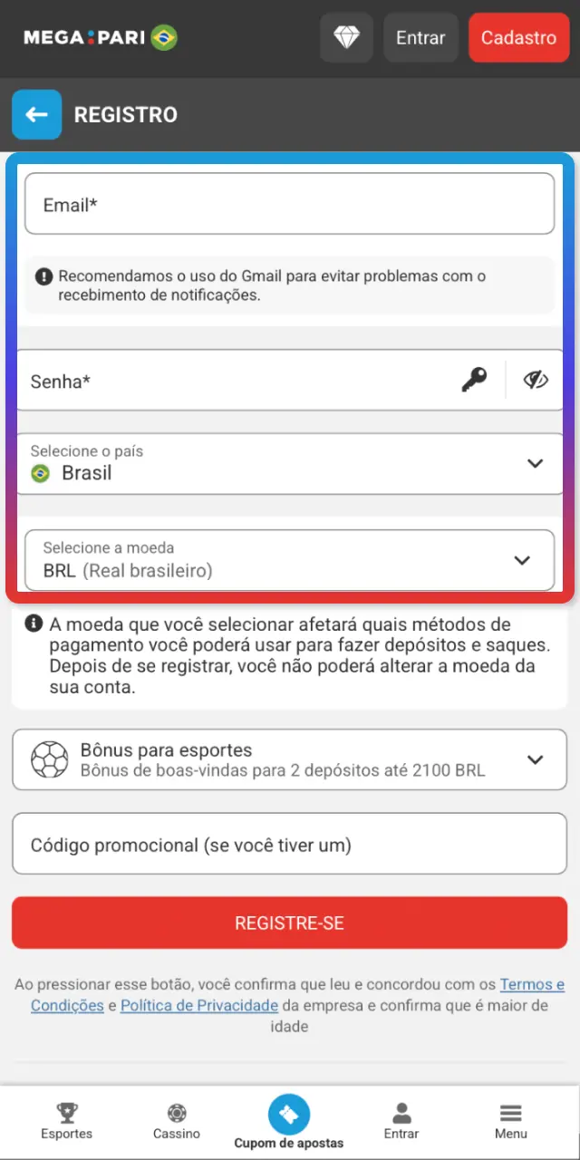 Complete seu cadastro no MegaPari via e-mail, celular ou rede social disponível.