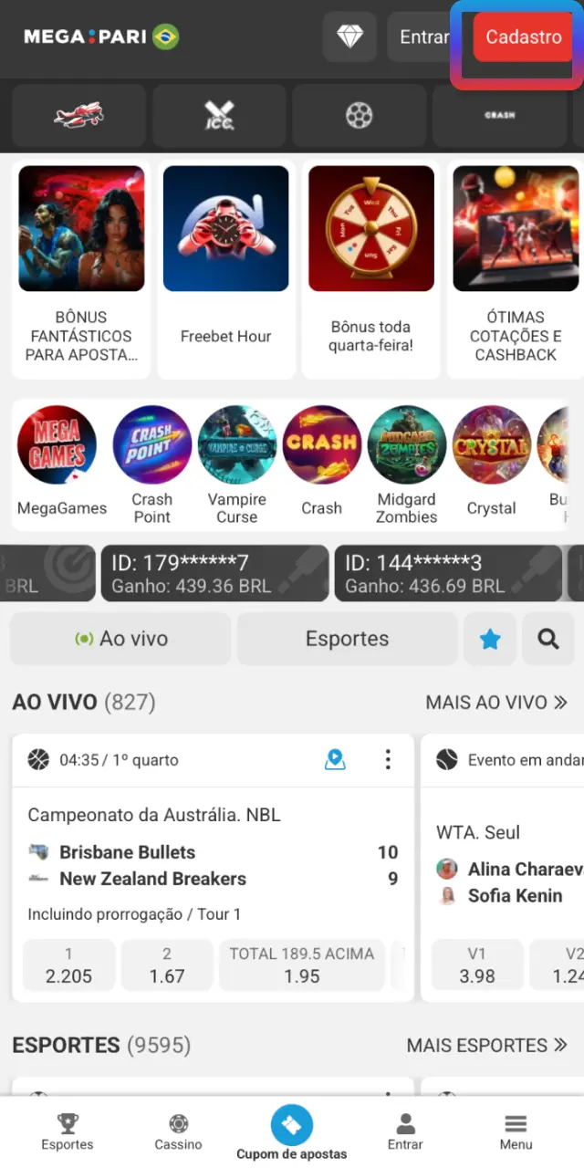 Toque em Registrar no MegaPari para acessar o formulário oficial no site.