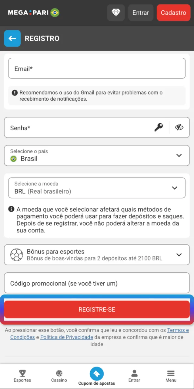 Faça o primeiro depósito no MegaPari para ativar o bônus e começar a jogar.