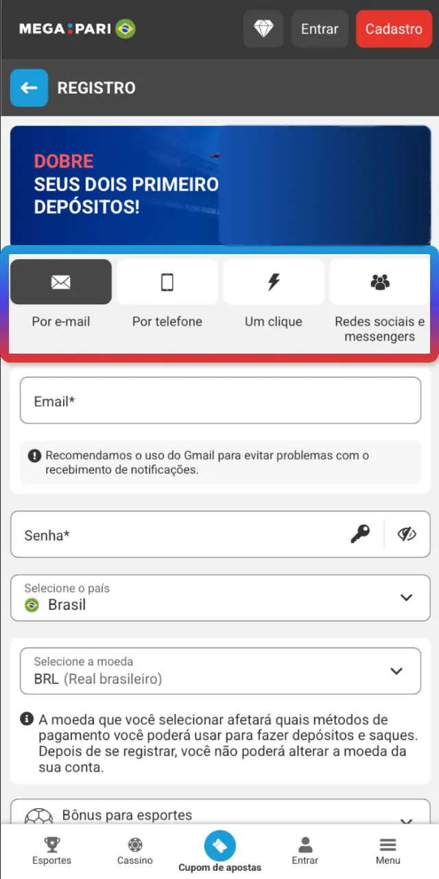 Preencha e-mail ou celular, crie senha e selecione a moeda BRL no MegaPari.