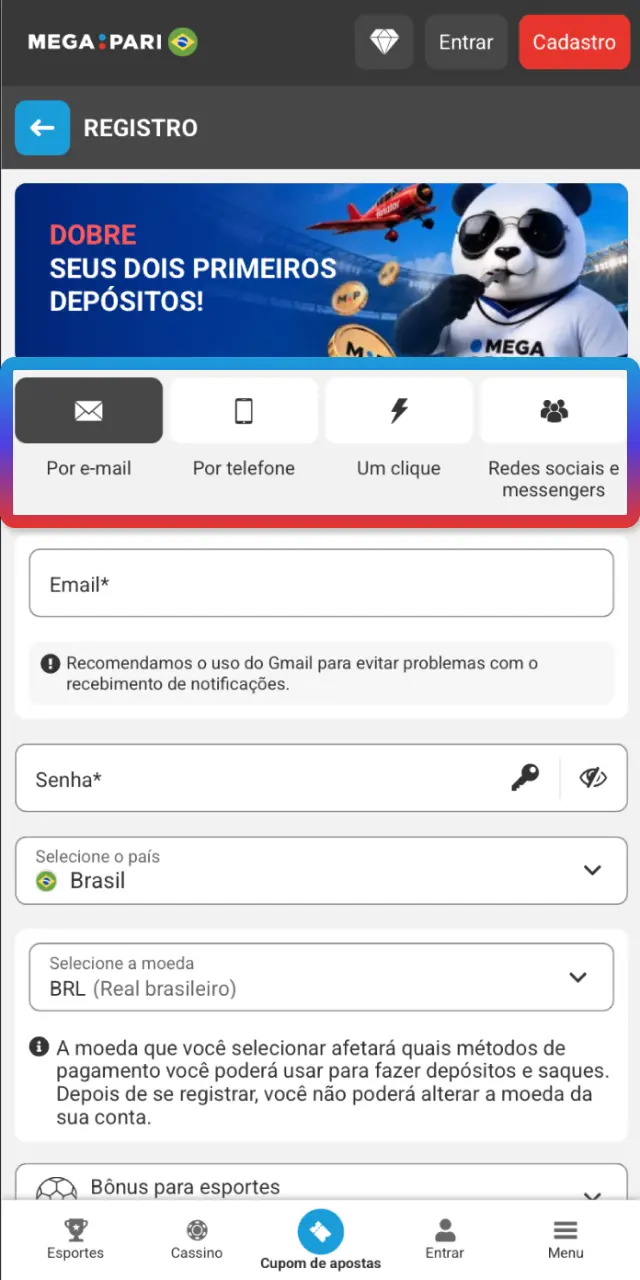 Preencha e-mail ou celular, crie senha e selecione a moeda BRL no MegaPari.
