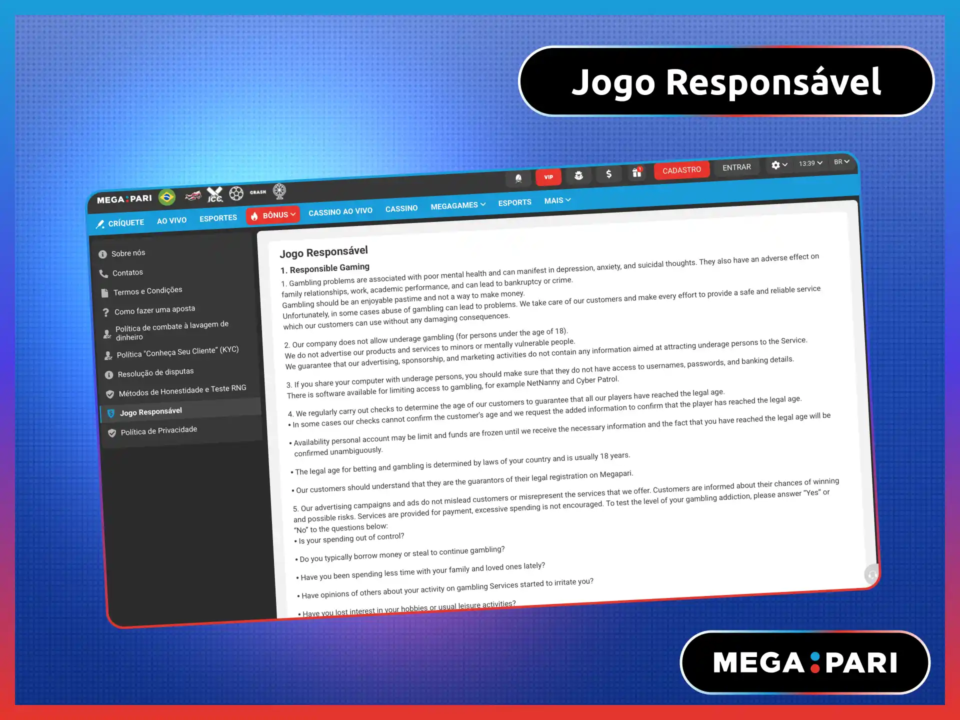 Ferramentas de jogo responsável no MegaPari para proteger seu saldo no Brasil.