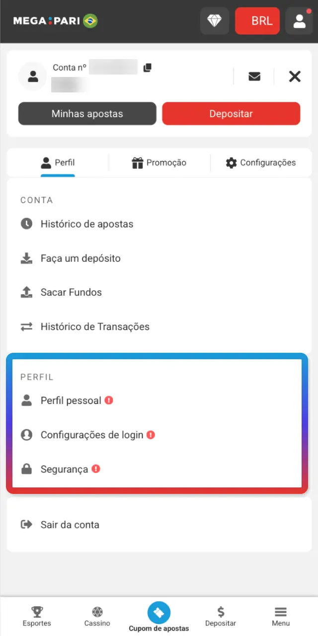 Entre na área de conta no MegaPari e selecione Verificação ou KYC.