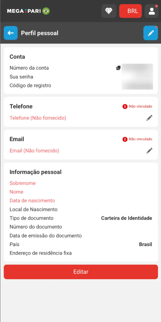 Faça upload das imagens legíveis dos documentos solicitados no MegaPari Brasil.
