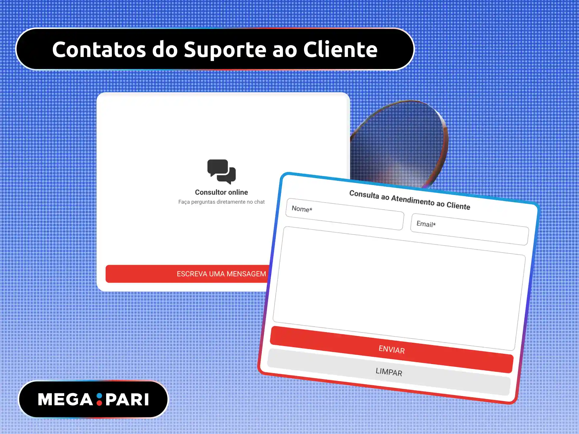 Contatos do suporte ao cliente MegaPari Brasil por chat e e-mail.