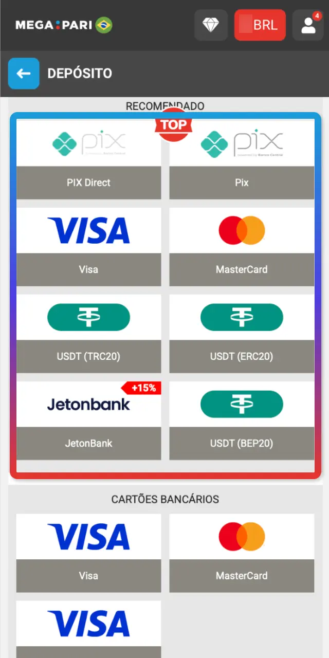 Digite os dados solicitados pelo cartão, carteira, banco ou cripto no MegaPari.