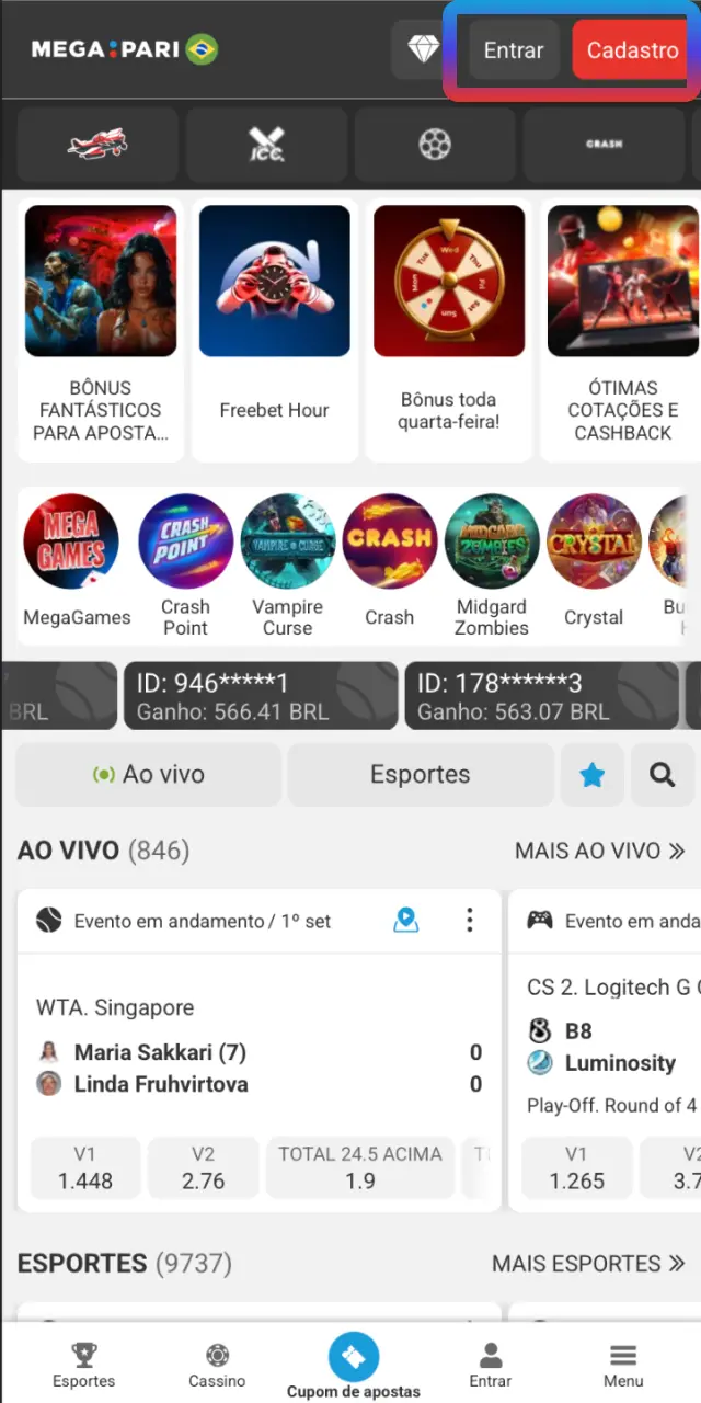 Acesse sua conta MegaPari Brasil pelo site ou app e confirme seus dados.