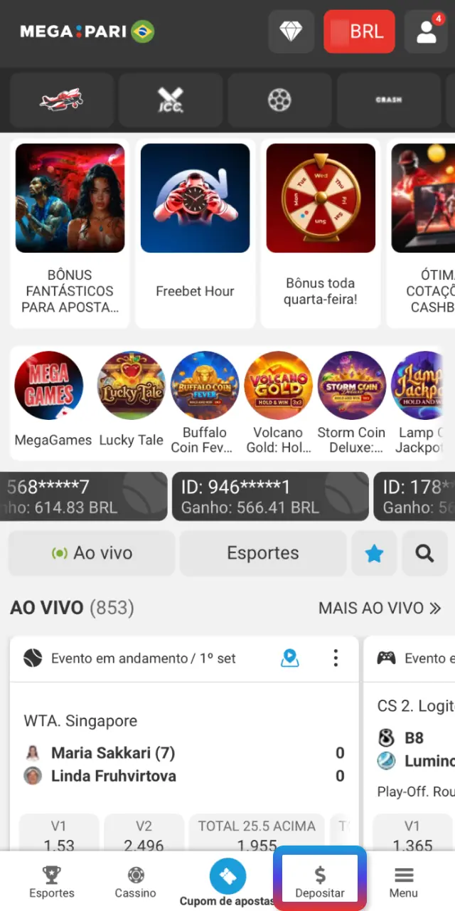 Toque em Depósito no topo da página do MegaPari Brasil para ver as opções.