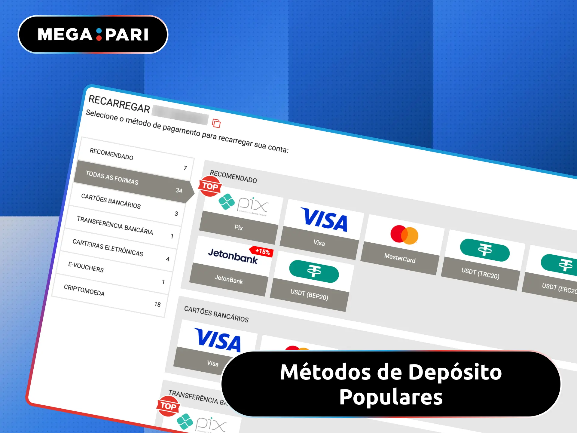 Métodos de depósito populares no MegaPari Brasil incluindo Pix, cartão e cripto.
