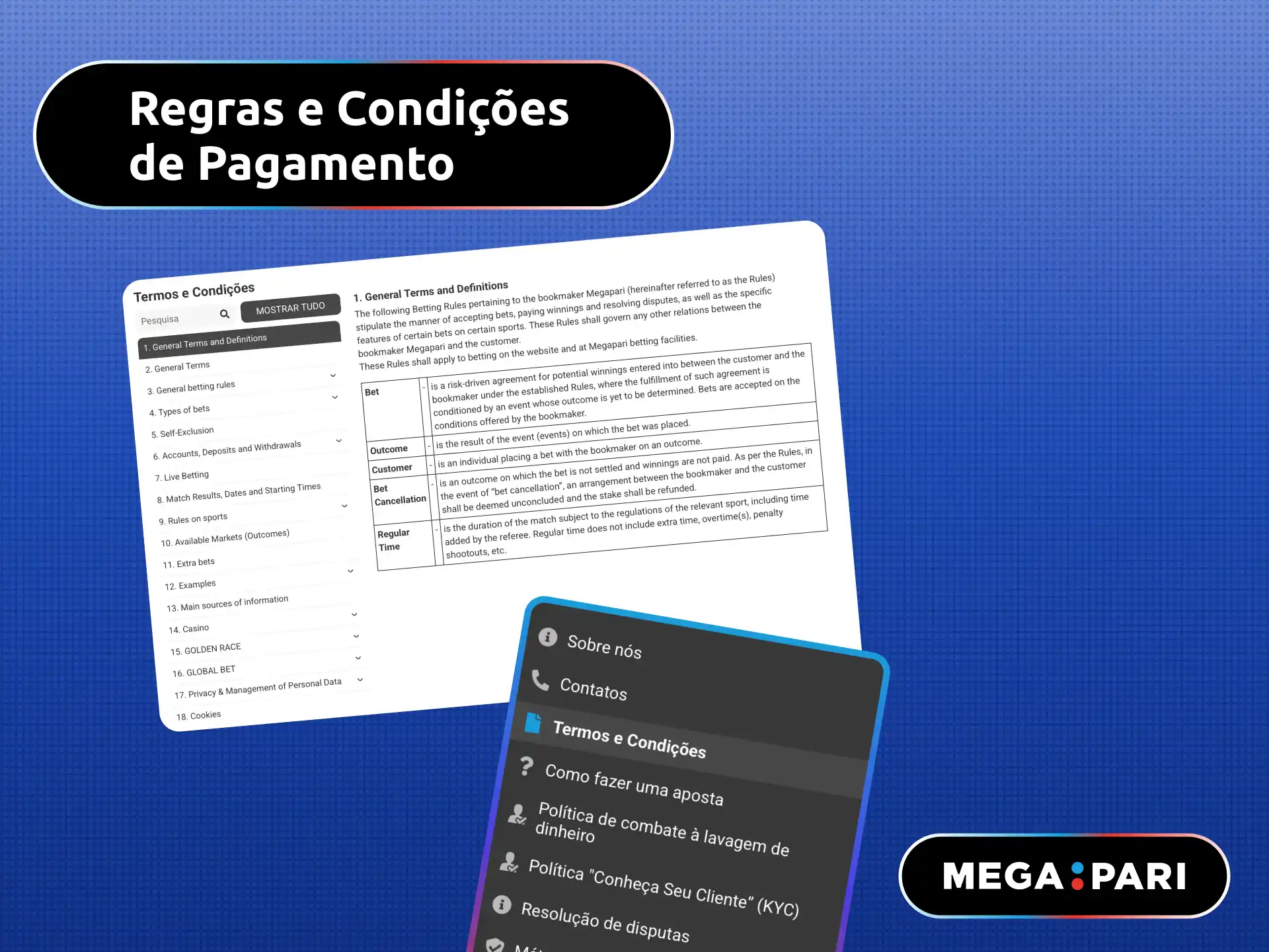 Regras e condições de pagamento no MegaPari Brasil incluindo limites e prazos.