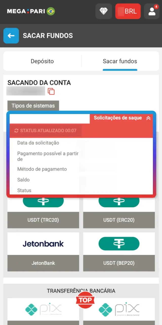 Se for o primeiro saque, envie documentos no app ou área de conta MegaPari.