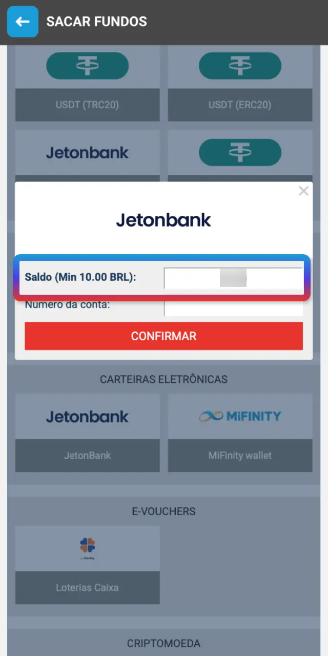 Digite o valor dentro do limite do método no MegaPari Brasil.
