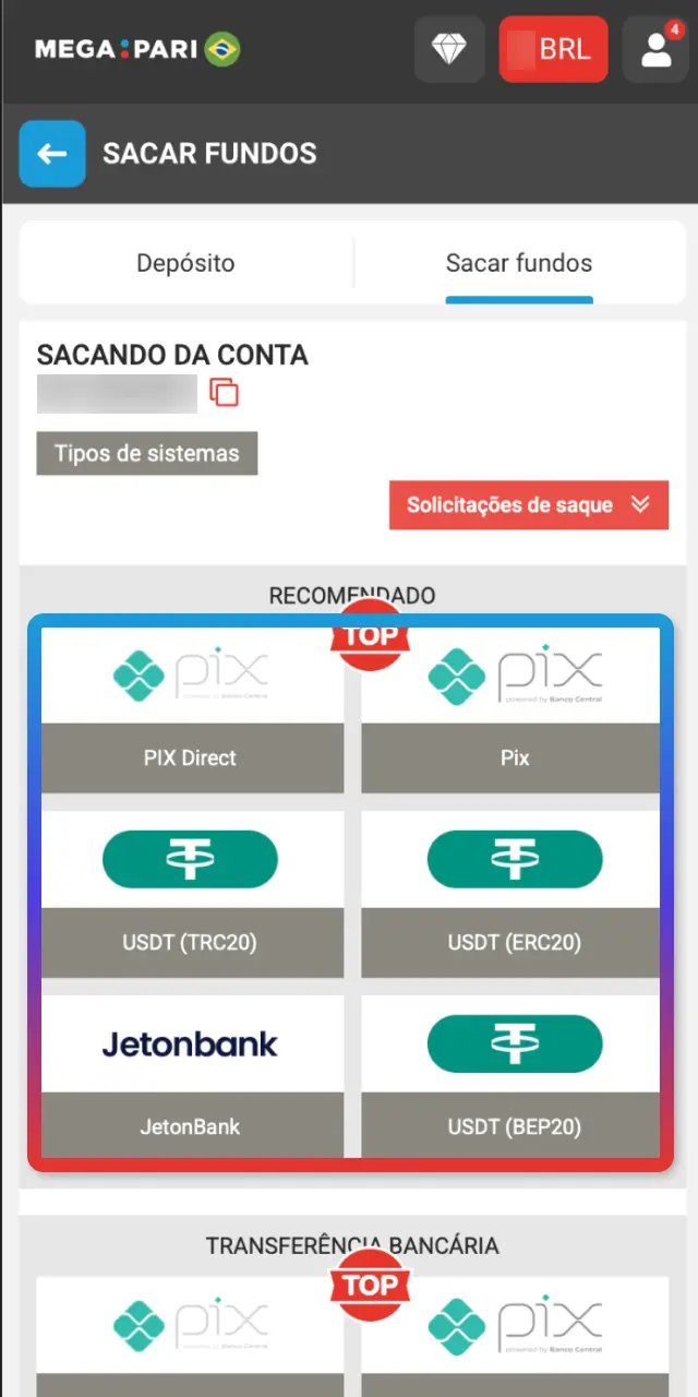 Escolha o método que está em seu nome no MegaPari Brasil para o saque.