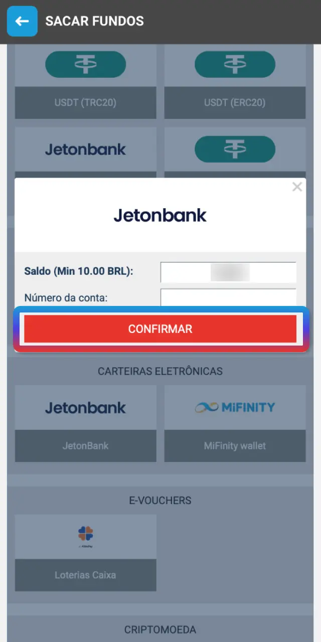 Confirme a retirada no MegaPari Brasil e veja o status como Em processamento.