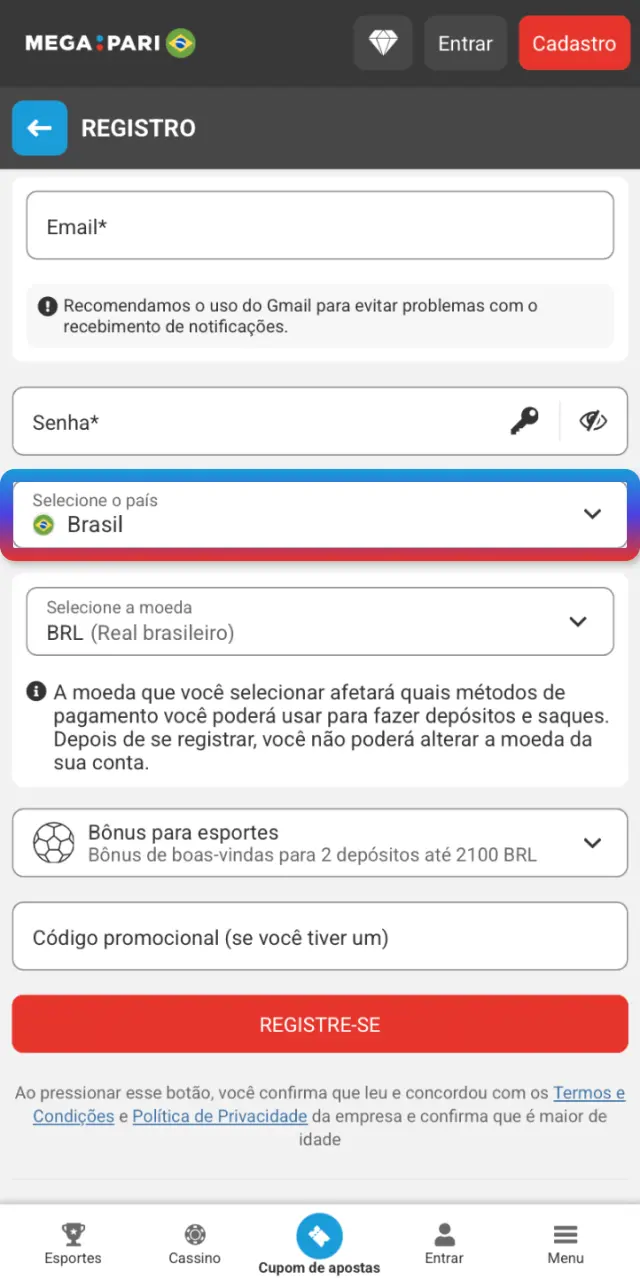 Ajuste a moeda BRL, limites de conta e aceite os termos no app MegaPari.