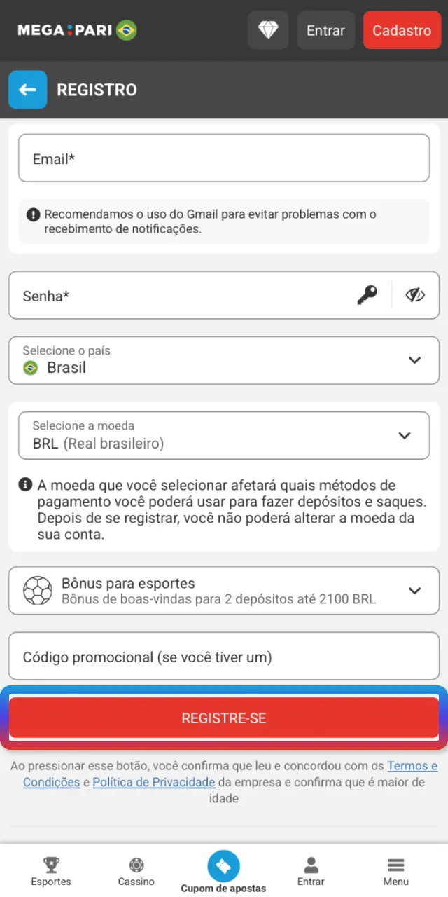 Valide e-mail ou SMS e entre no app MegaPari Brasil para começar.
