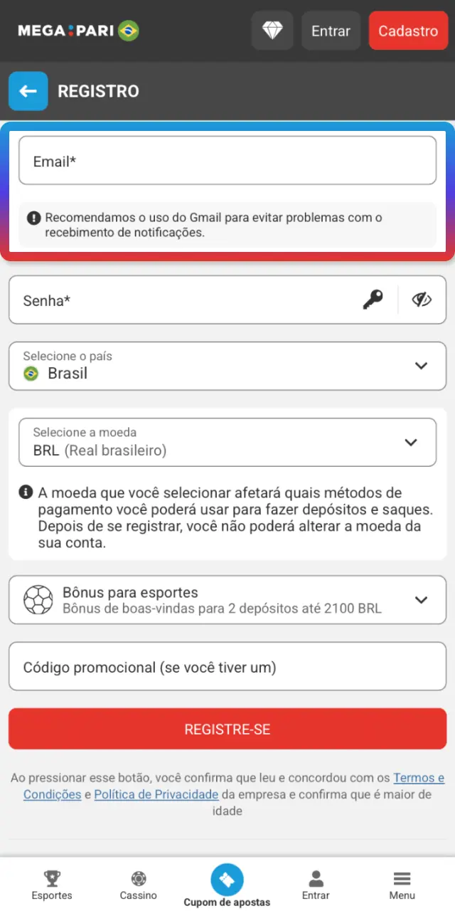 Informe dados pessoais, CPF, endereço e crie uma senha no app MegaPari Brasil.