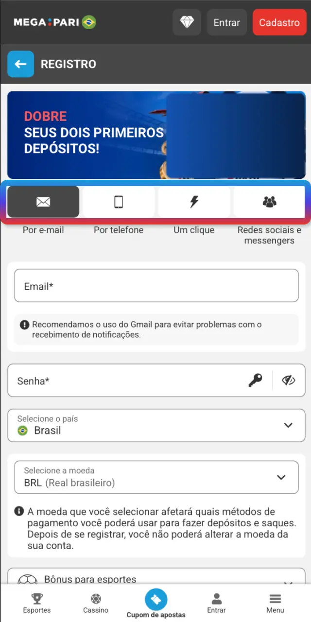 Selecione e-mail, telefone, redes sociais ou cadastro rápido no app MegaPari.
