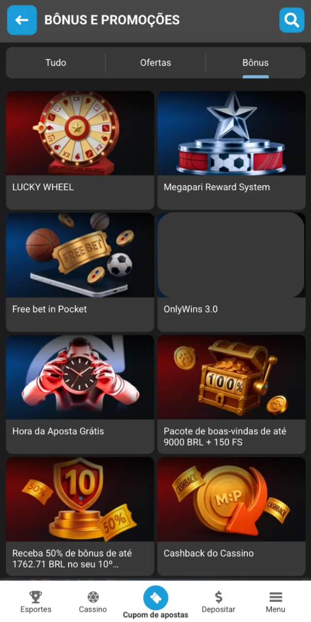 Selecione o bônus de cassino ou esportes no perfil ou promoções do MegaPari.