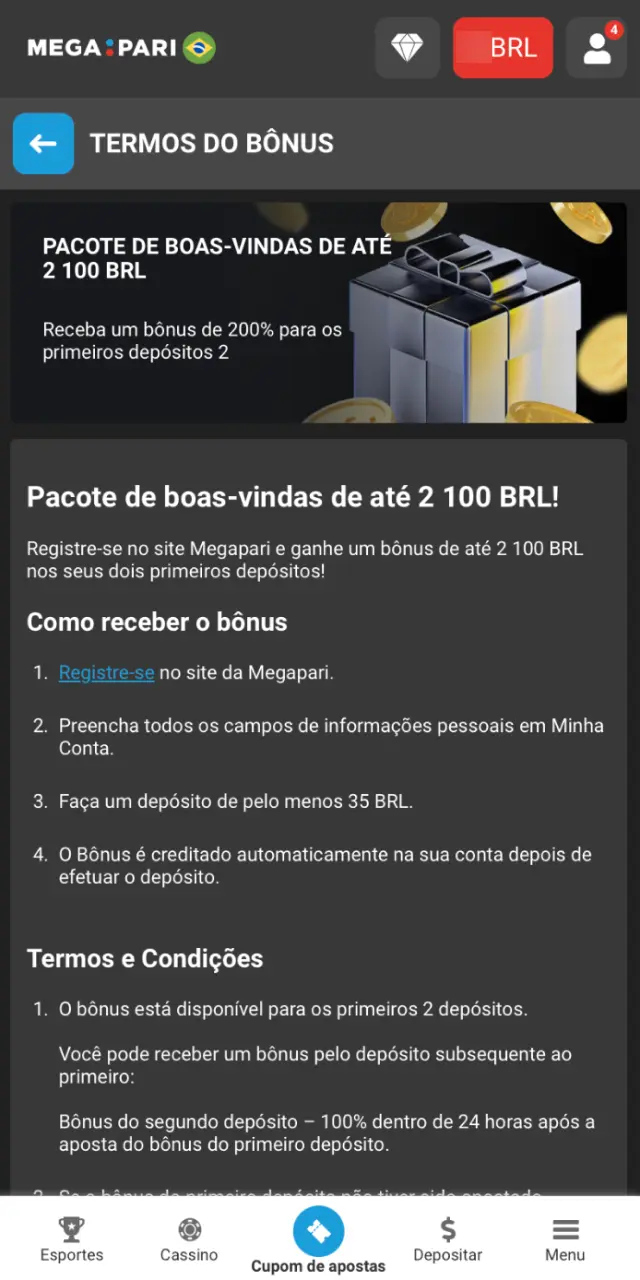 Siga os requisitos de apostas no MegaPari Brasil antes de sacar ganhos.