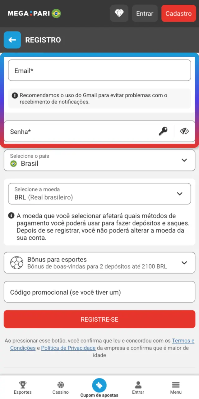 Selecione BRL, aceite os termos e ative comunicações no MegaPari Brasil.