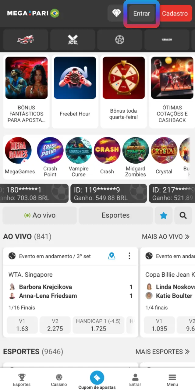 Toque em Entrar nesta página do MegaPari Brasil para acessar sua conta.