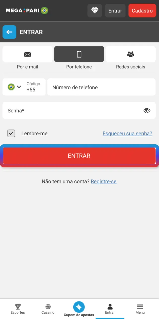 Toque em Login para acessar sua conta no MegaPari Brasil e começar a jogar.