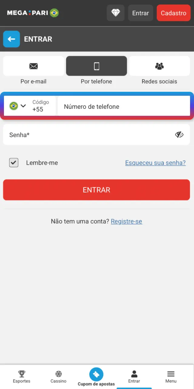 Use e-mail, ID, telefone ou acesse por redes sociais compatíveis no MegaPari.