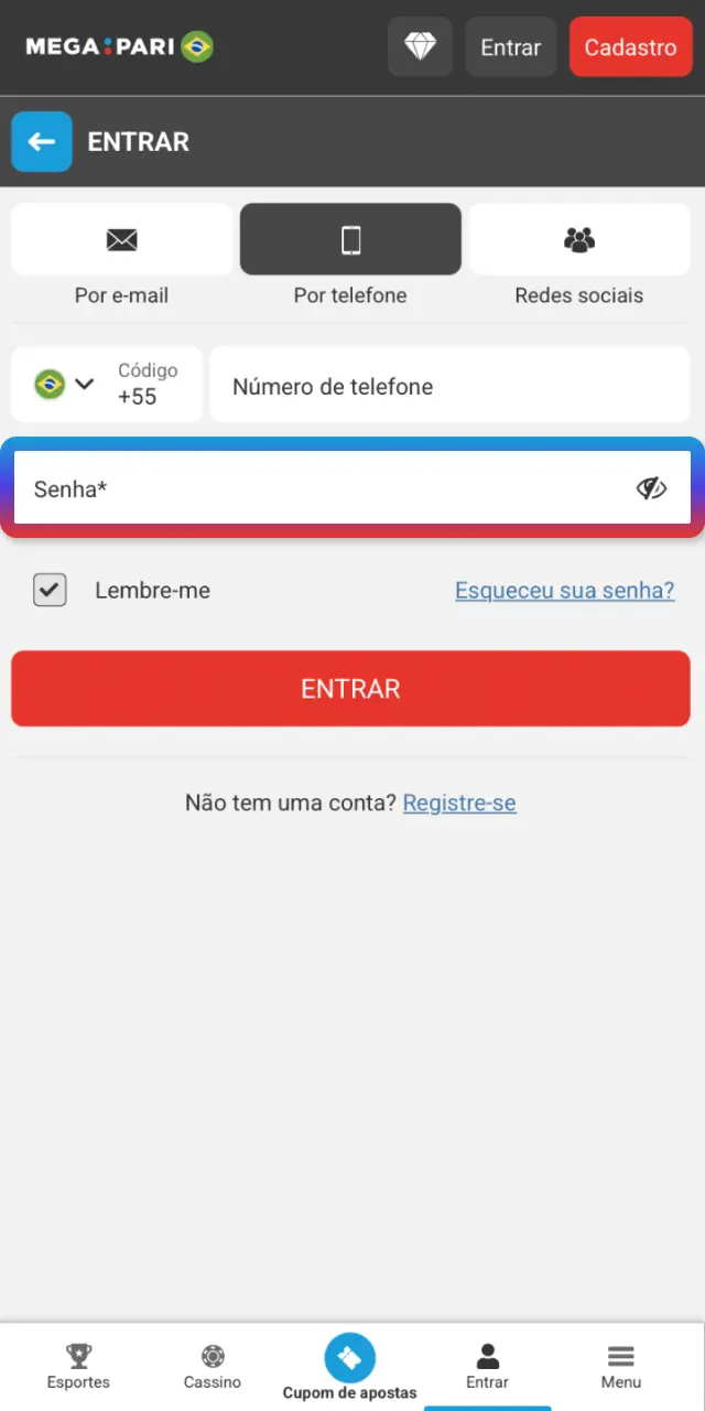 Digite o código 2FA ou SMS se tiver ativado no MegaPari Brasil.