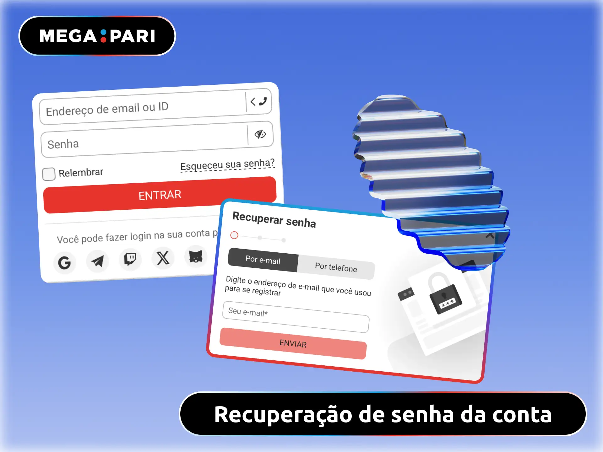 Recuperação de senha da conta MegaPari Brasil por e-mail ou SMS.