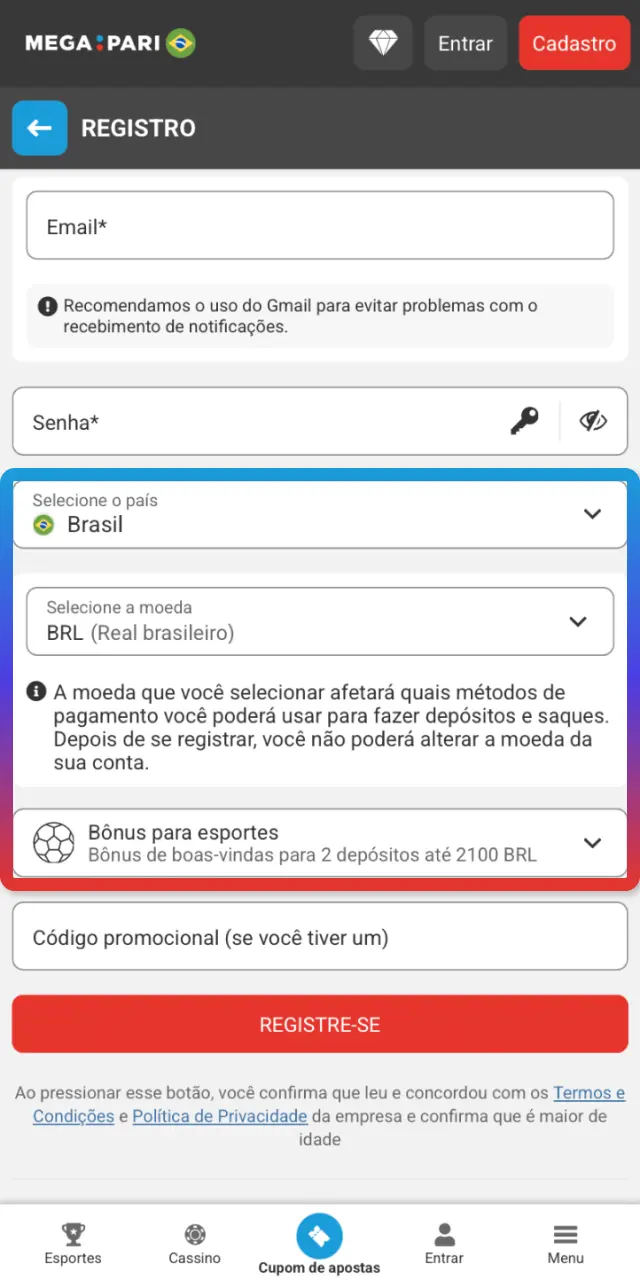 Selecione BRL, aceite os termos e ative comunicações no MegaPari Brasil.