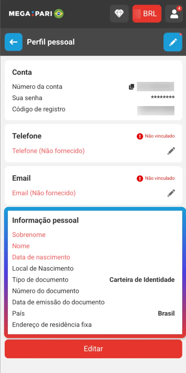 Envie RG, CNH ou passaporte legível e, se pedido, uma selfie no MegaPari.