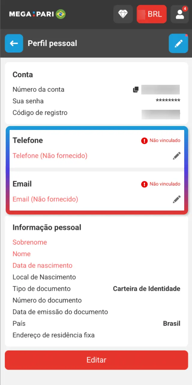 Complete nome, data de nascimento, CPF e endereço no MegaPari Brasil.